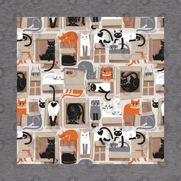 Purfect feline architecture // pattern // beige background cute cats in cardboard boxes by SelmaCardoso